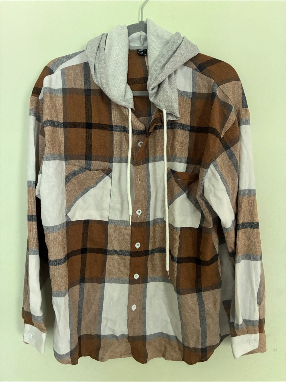 SHEIN Brown Plaid Button-Down Shirt with Gray Hood